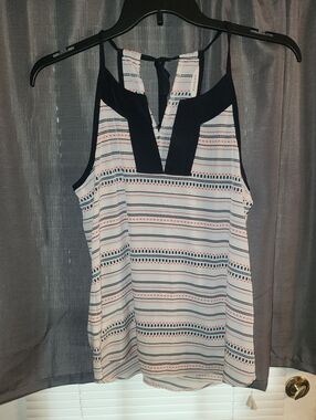 Athleta White Striped Sleeveless Camisole with Navy Trim